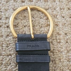 Prada Black Leather Belt with Gold Circular Buckle Thick Leather.